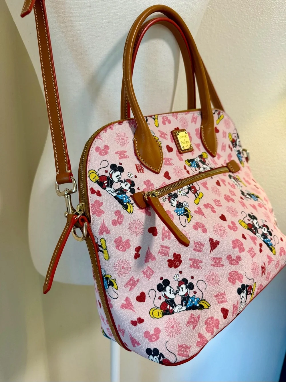 Dooney & Bourke Disney Mickey Mouse Print Satchel Purse Brown Trim Love Heart